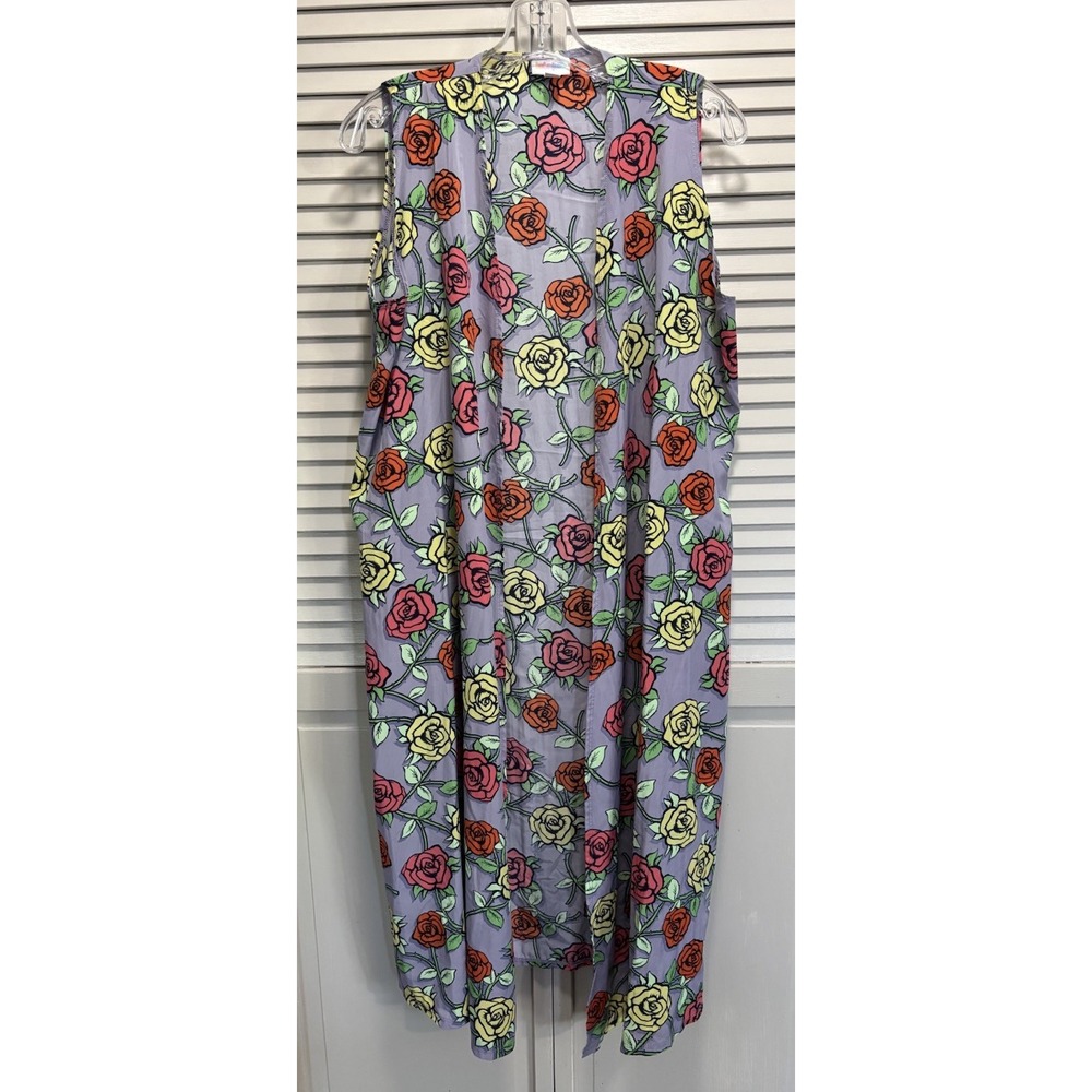LulaRoe Purple/Pink Floral Long Open Duster Size M Lightweight Slits Flowy